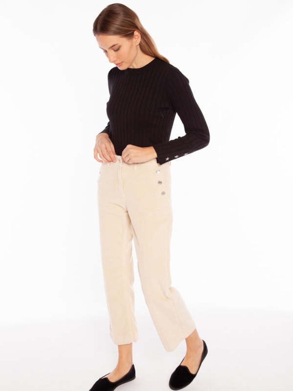 Vilagallo Amelie Corduroy Trousers in Pana Ecru With Sailor Buttons EUC Size XS
